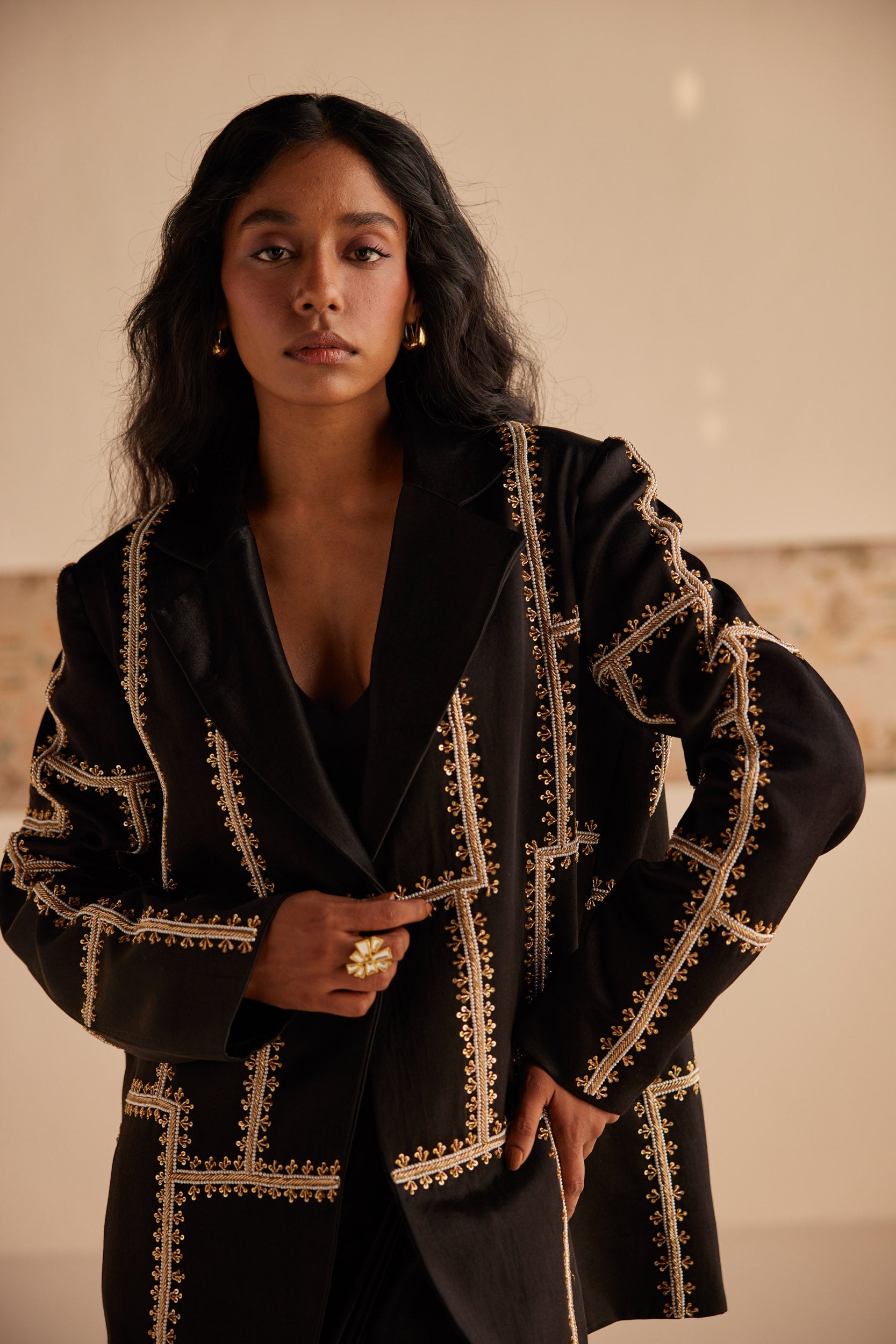 Black Blazer with Dhoti Skirt - Suit