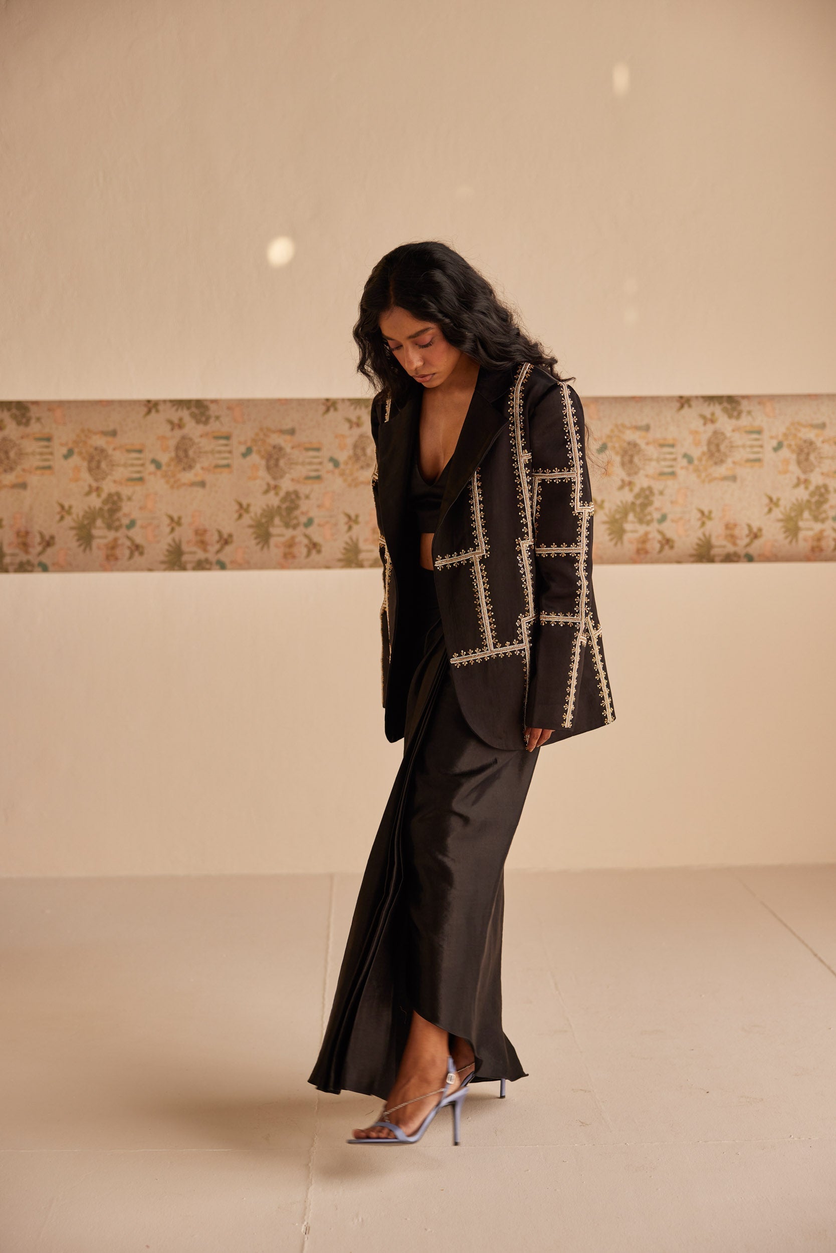 Black Blazer with Dhoti Skirt - Suit
