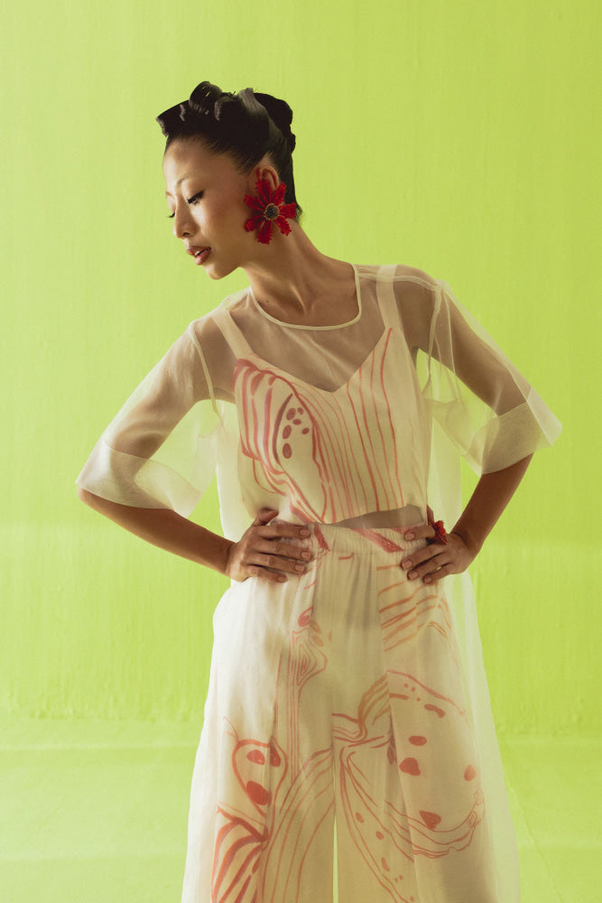 CREAM COORD WITH SHEER OVERLAY - XS - coord set
