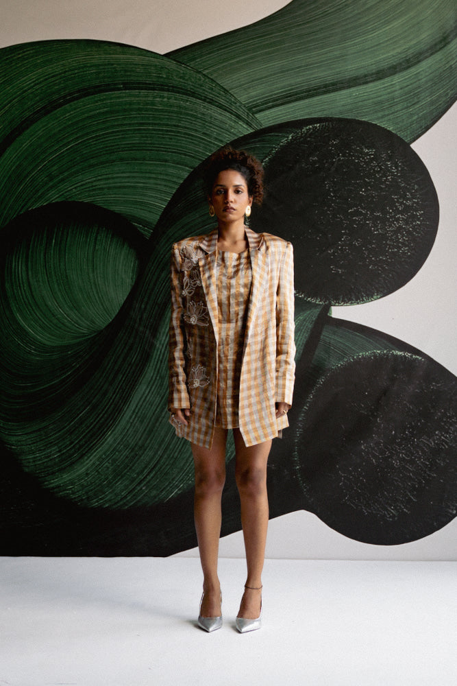 Gold Check Blazer Dress - blazer set