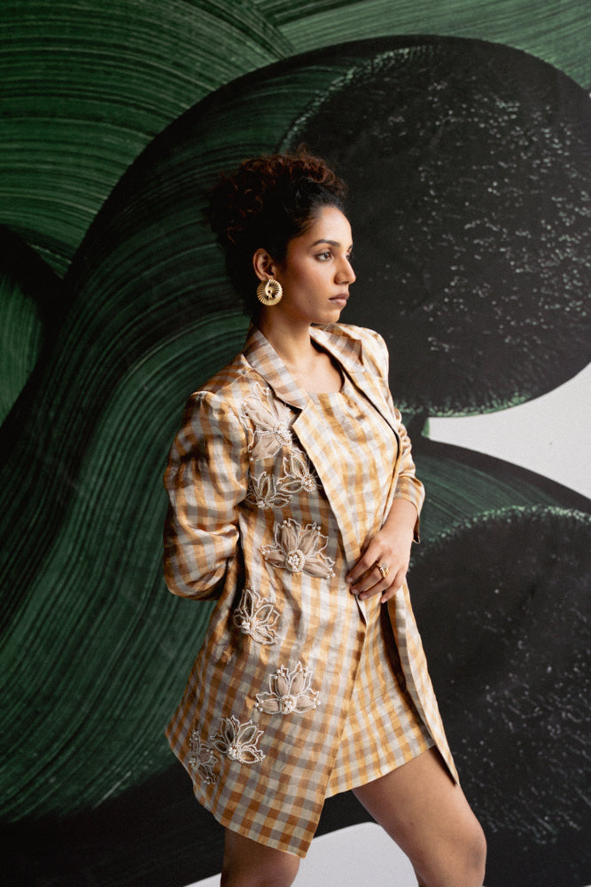 Gold Check Blazer Dress - XS - blazer set