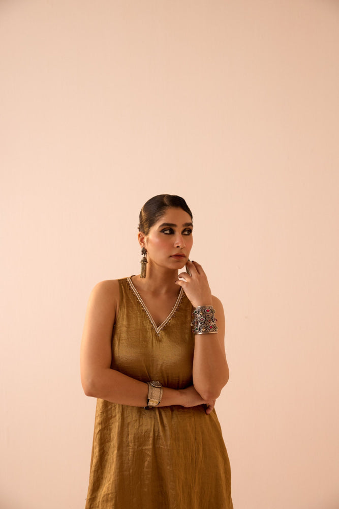 GOLD TISSUE KURTA SET - XS - kurta set