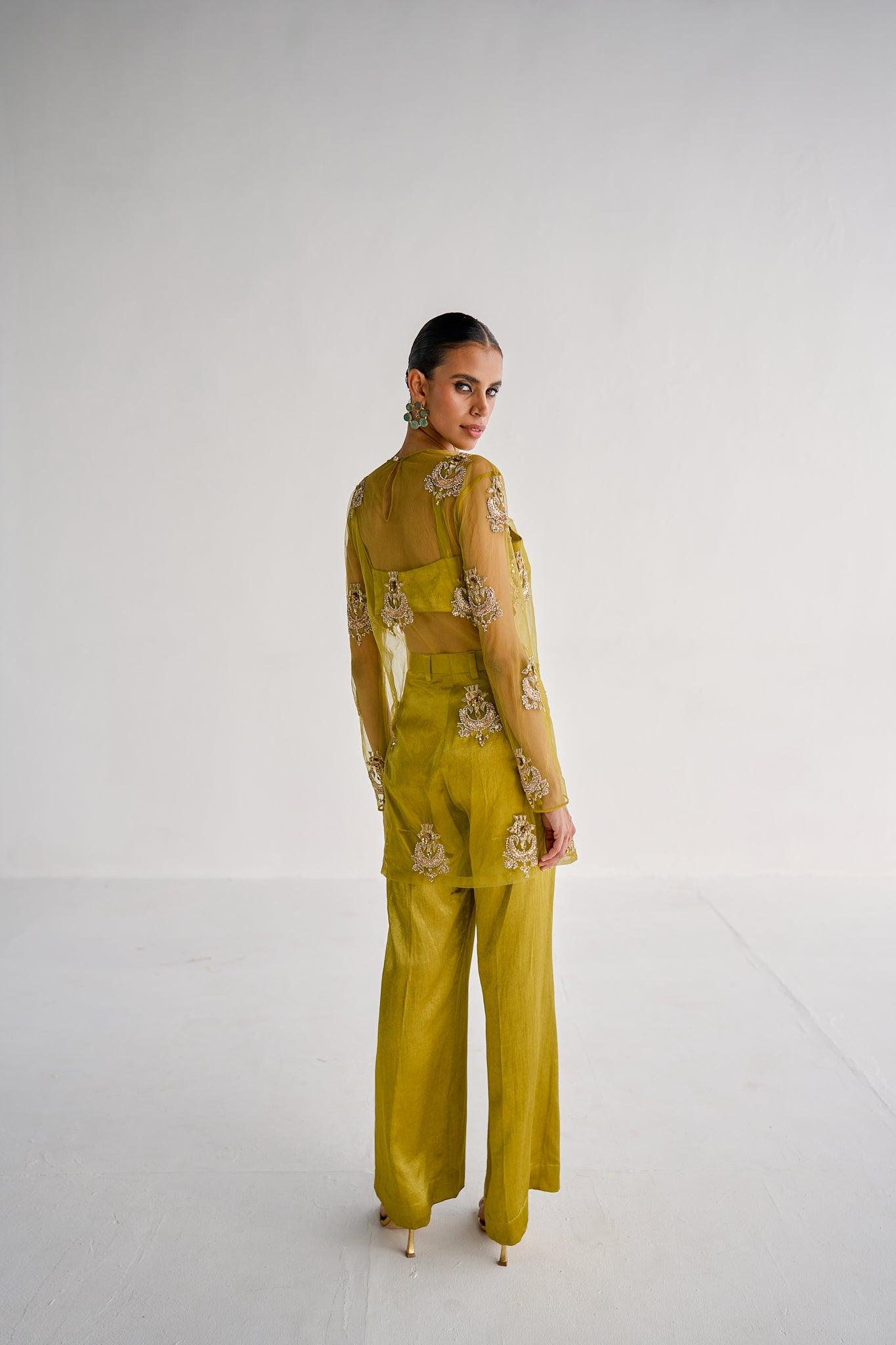 LIME GREEN NET SUIT - Esha Arora