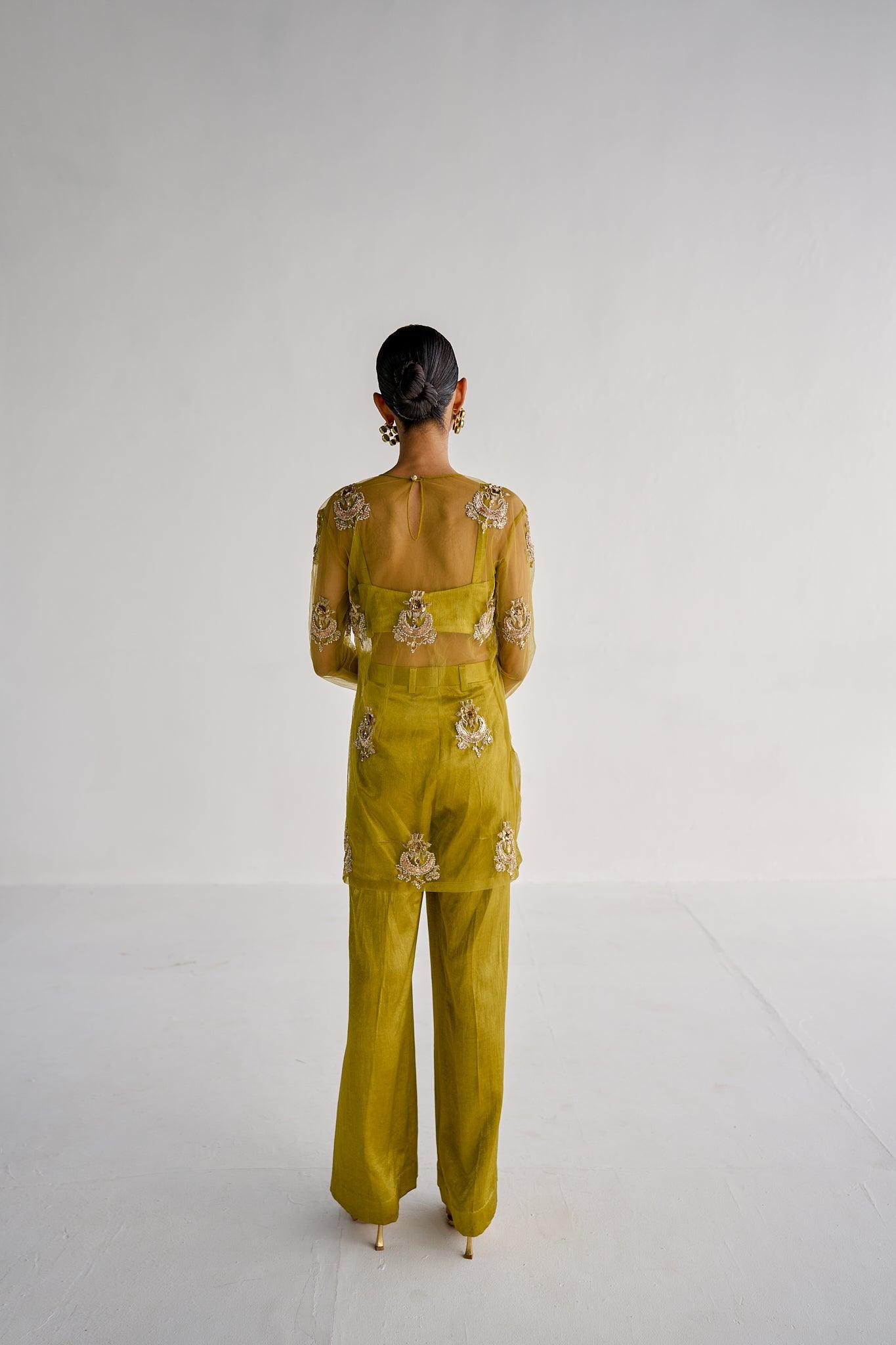 LIME GREEN NET SUIT - Esha Arora