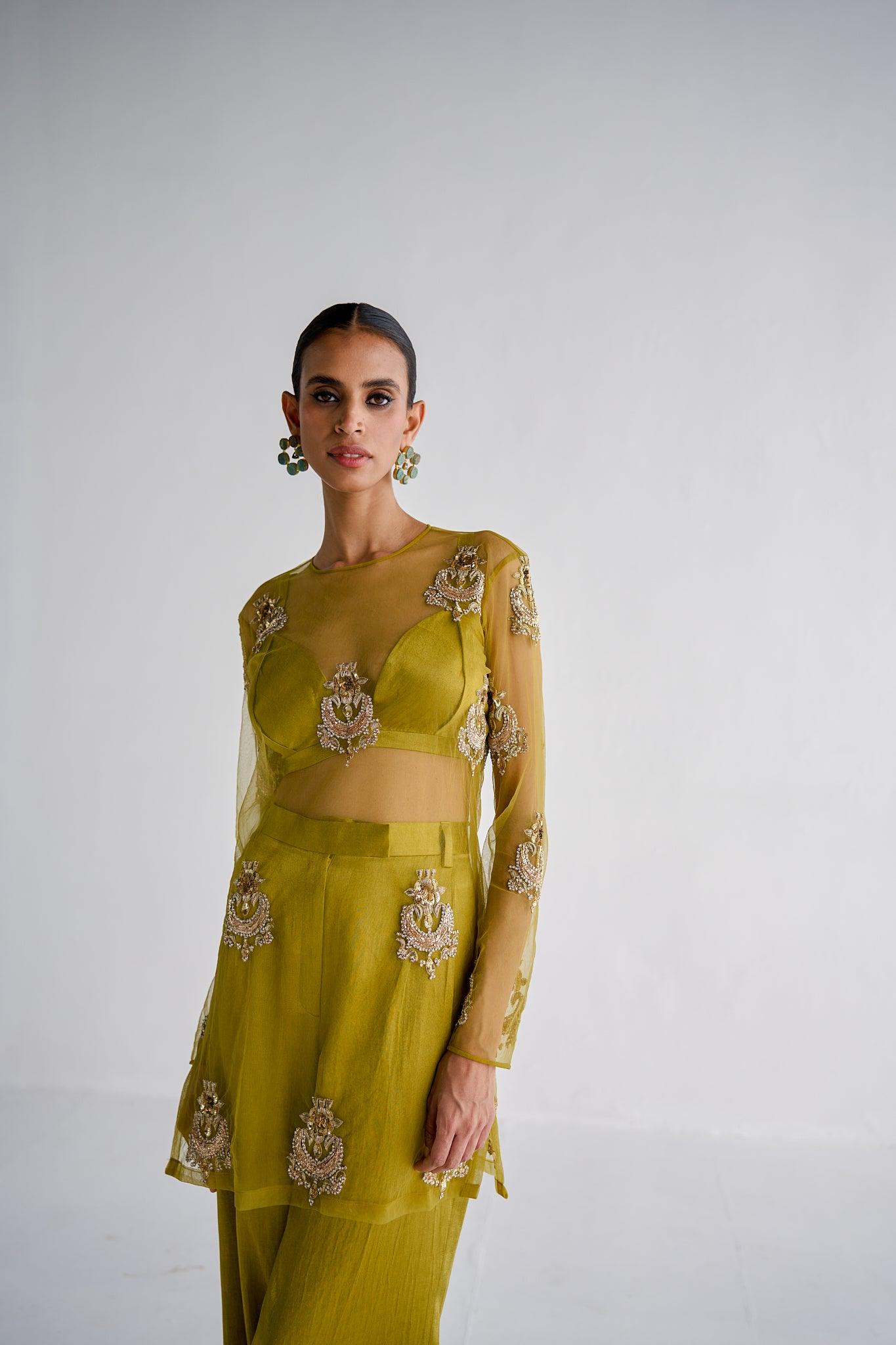LIME GREEN NET SUIT - Esha Arora