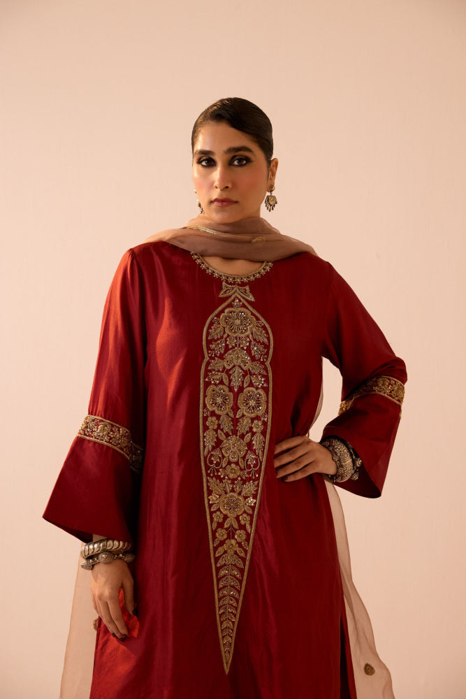 MAROON A LINE KURTA SET - kurta set