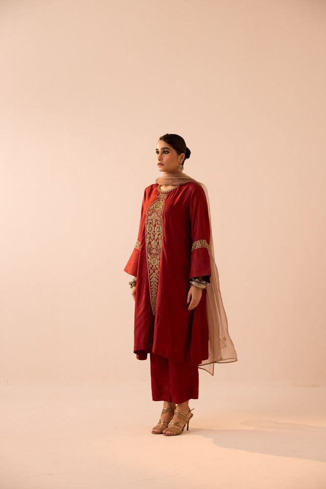 MAROON A LINE KURTA SET - kurta set