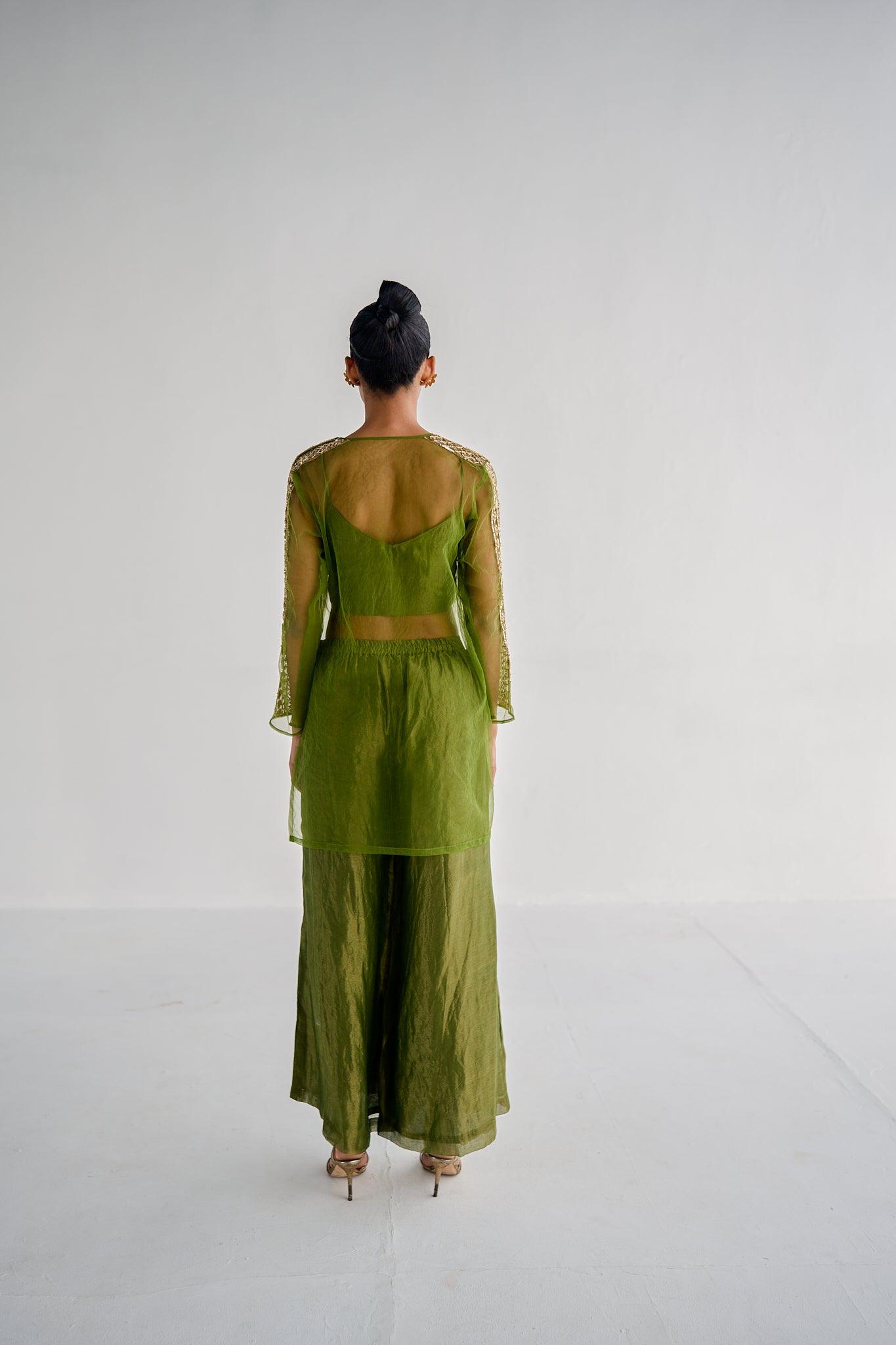 OLIVE GREEN NET KURTA SET - Esha Arora