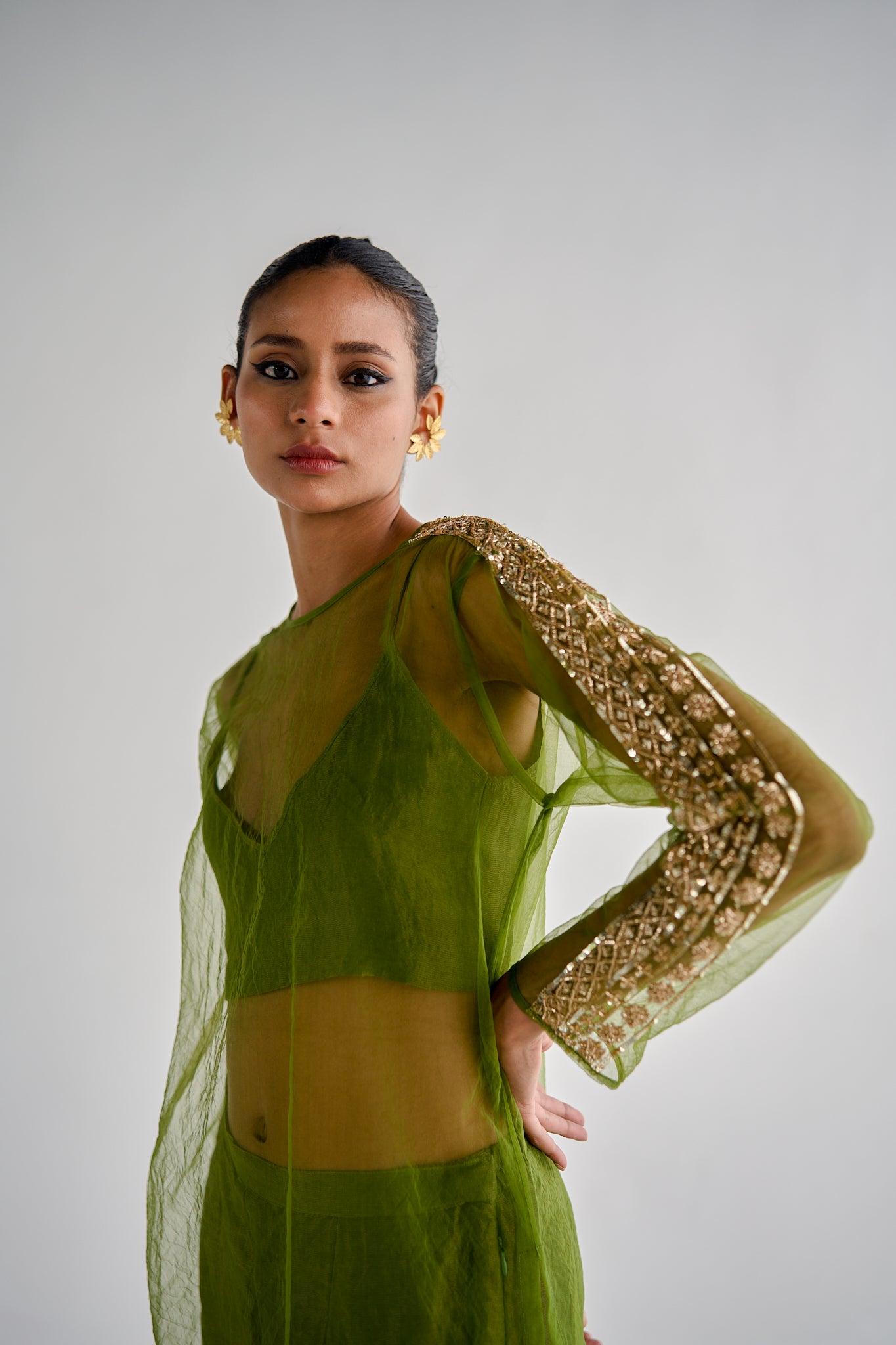 OLIVE GREEN NET KURTA SET - Esha Arora