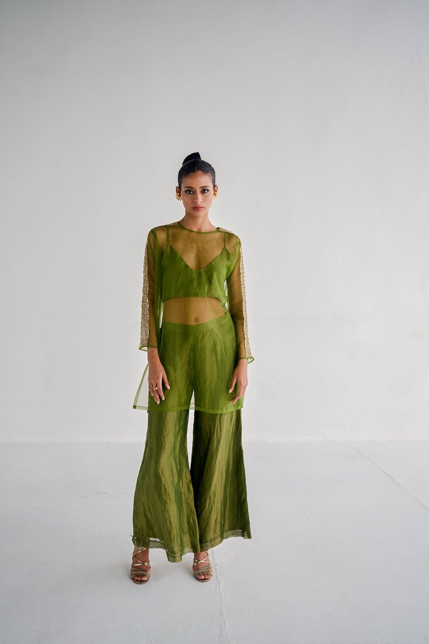 OLIVE GREEN NET KURTA SET - Esha Arora
