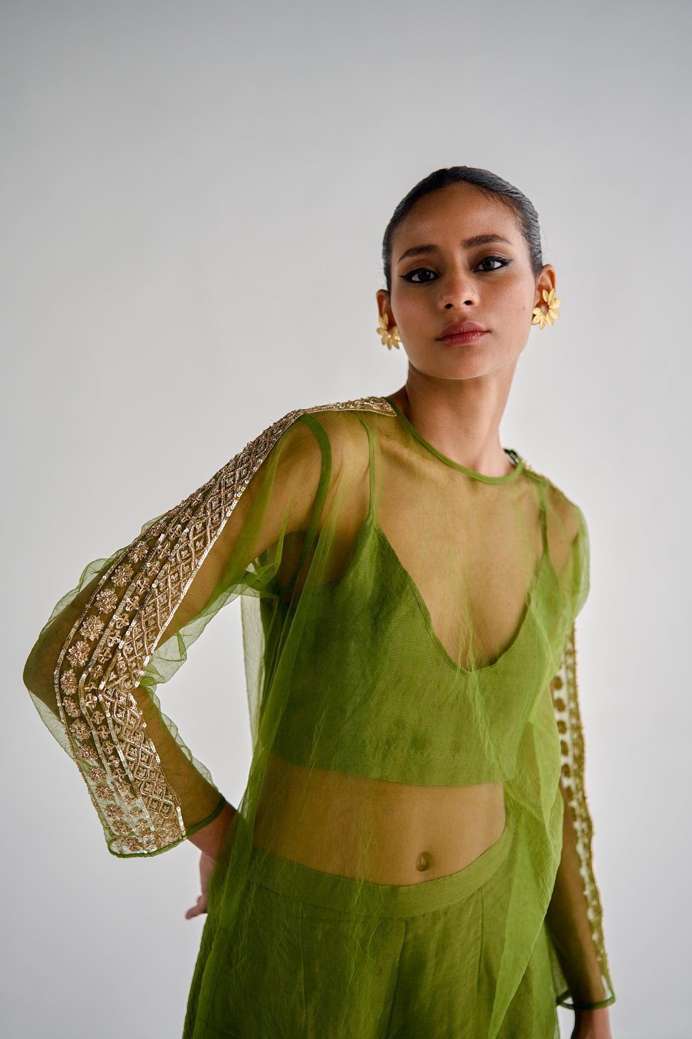 OLIVE GREEN NET KURTA SET - Esha Arora