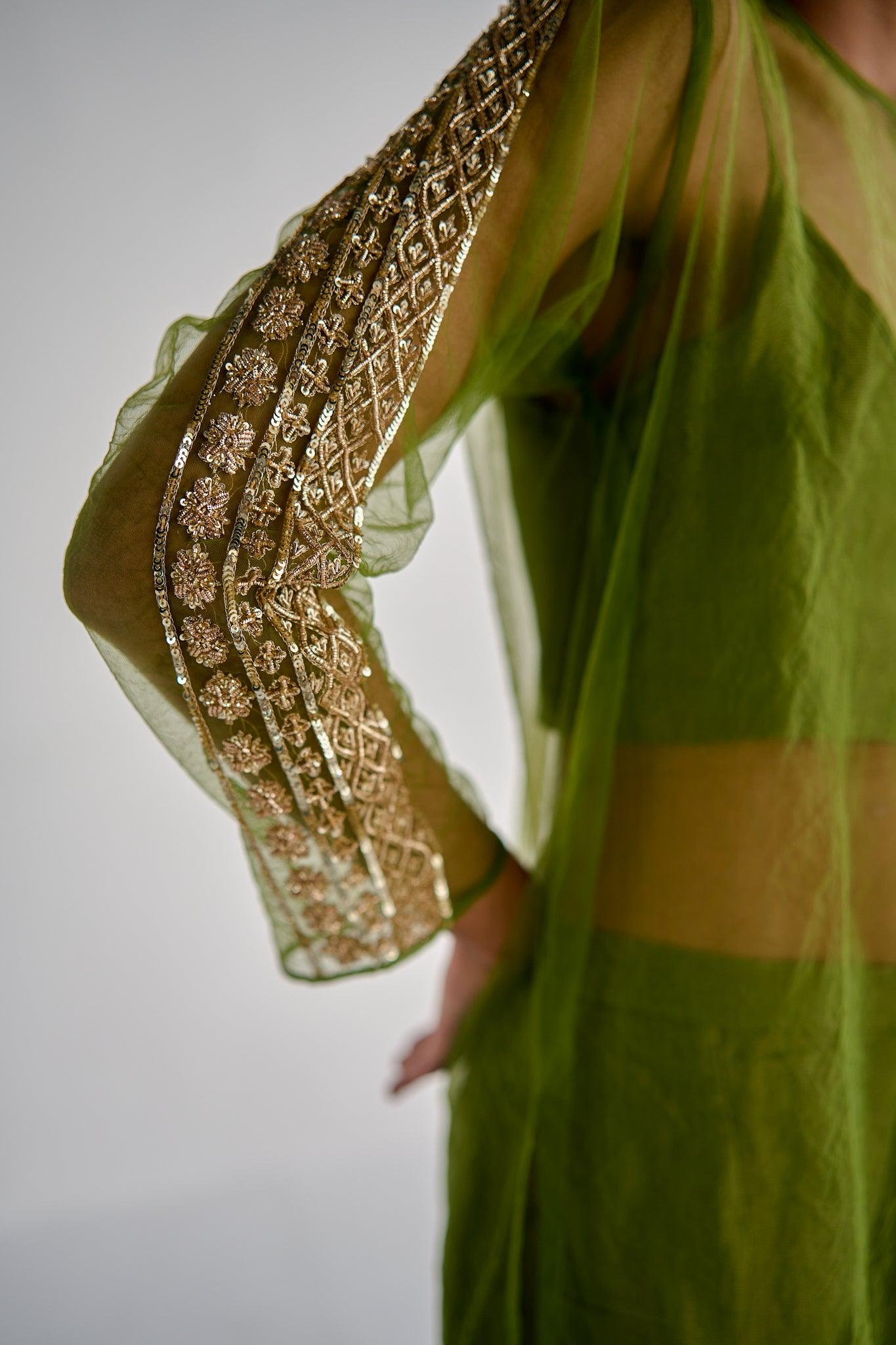 OLIVE GREEN NET KURTA SET - Esha Arora