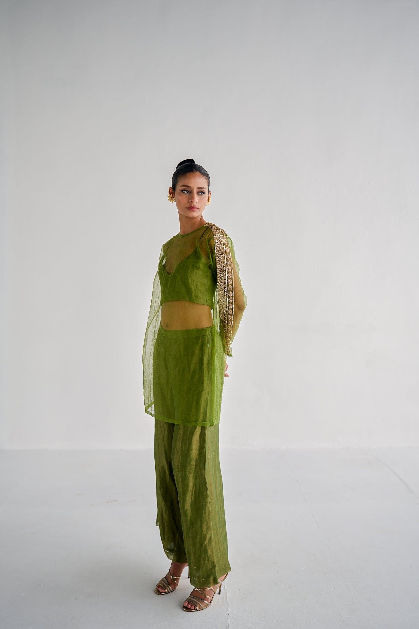 OLIVE GREEN NET KURTA SET - Esha Arora