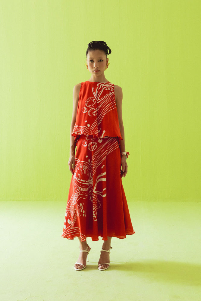 RED ASYMMETRIC TOP AND SKIRT SET - coord set