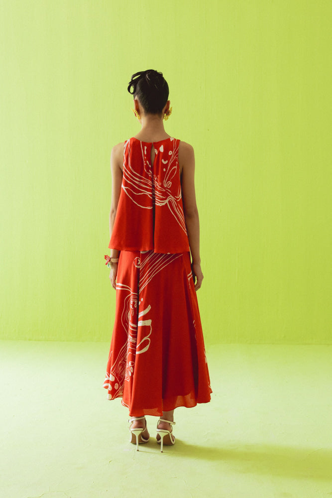 RED ASYMMETRIC TOP AND SKIRT SET - coord set