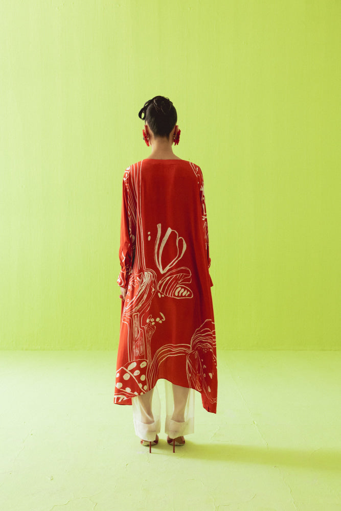RED HIGH LOW KURTA WITH PANTS - kurta set