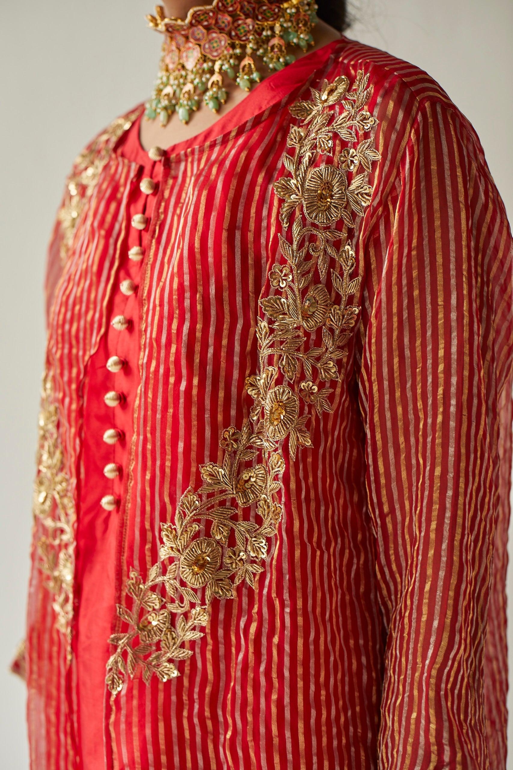 RED ORGANZA JACKET SUIT - Esha Arora