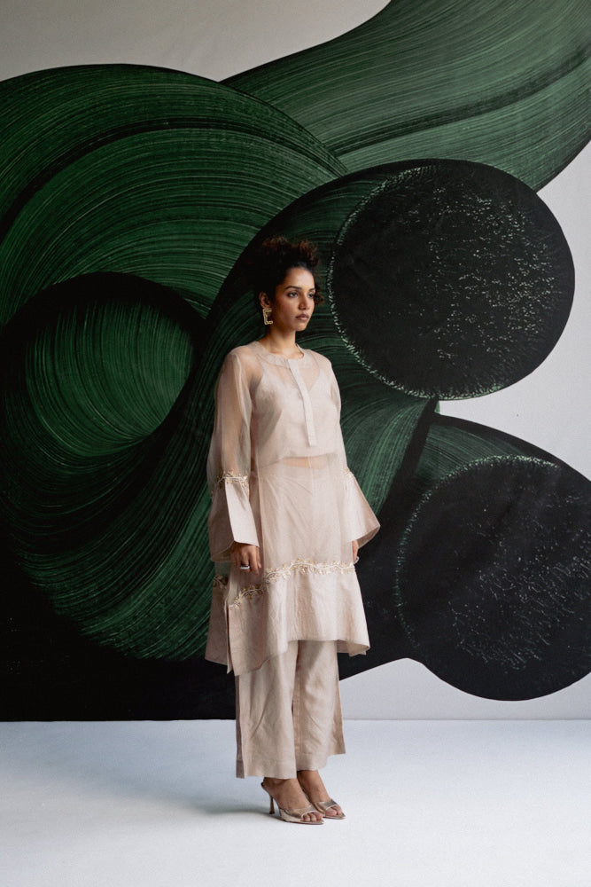 SOFT BEIGE A LINE KURTA SET - kurta set