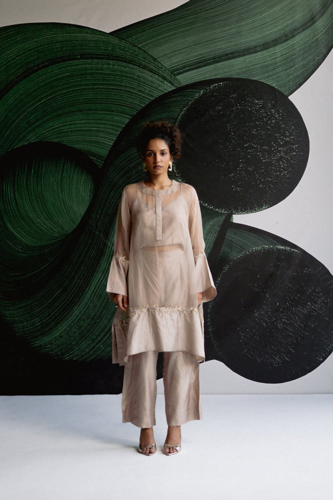 SOFT BEIGE A LINE KURTA SET - kurta set