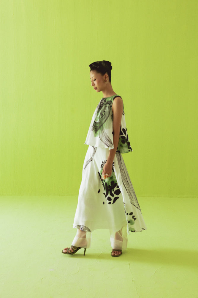 WHITE GREEN ASYMMETRIC TOP AND SKIRT SET - coord set
