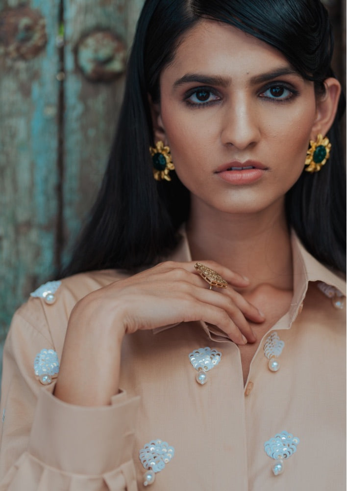 Beige Pearl Drop Shirt - Shirt