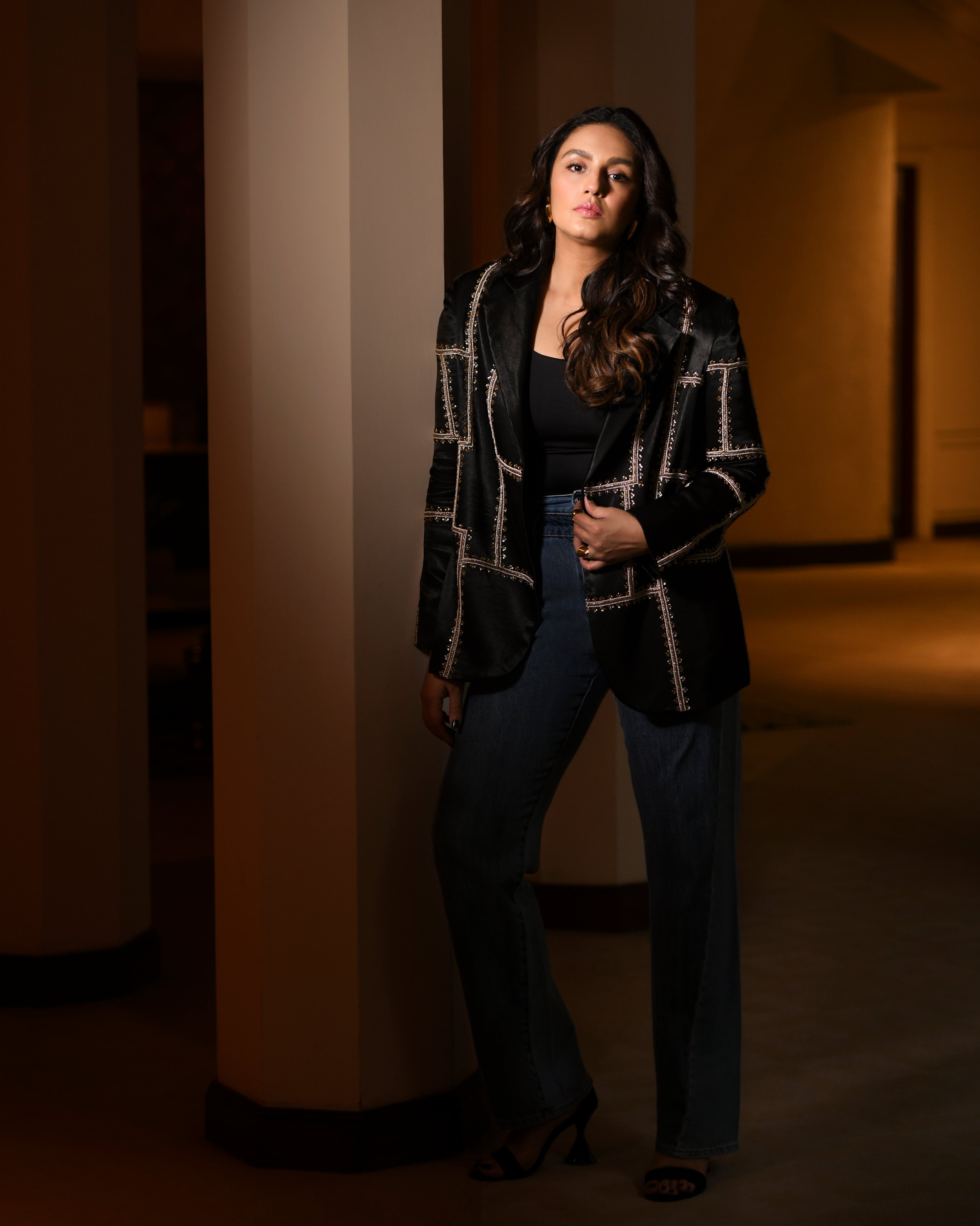 Huma Qureshi in Esha Arora Black Blazer