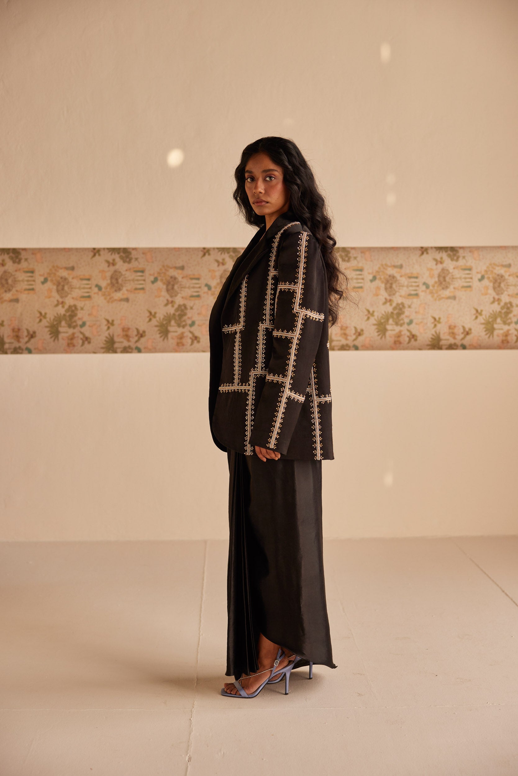 Black Blazer with Dhoti Skirt - Suit