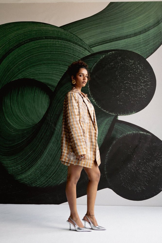 Gold Check Blazer Dress - blazer set