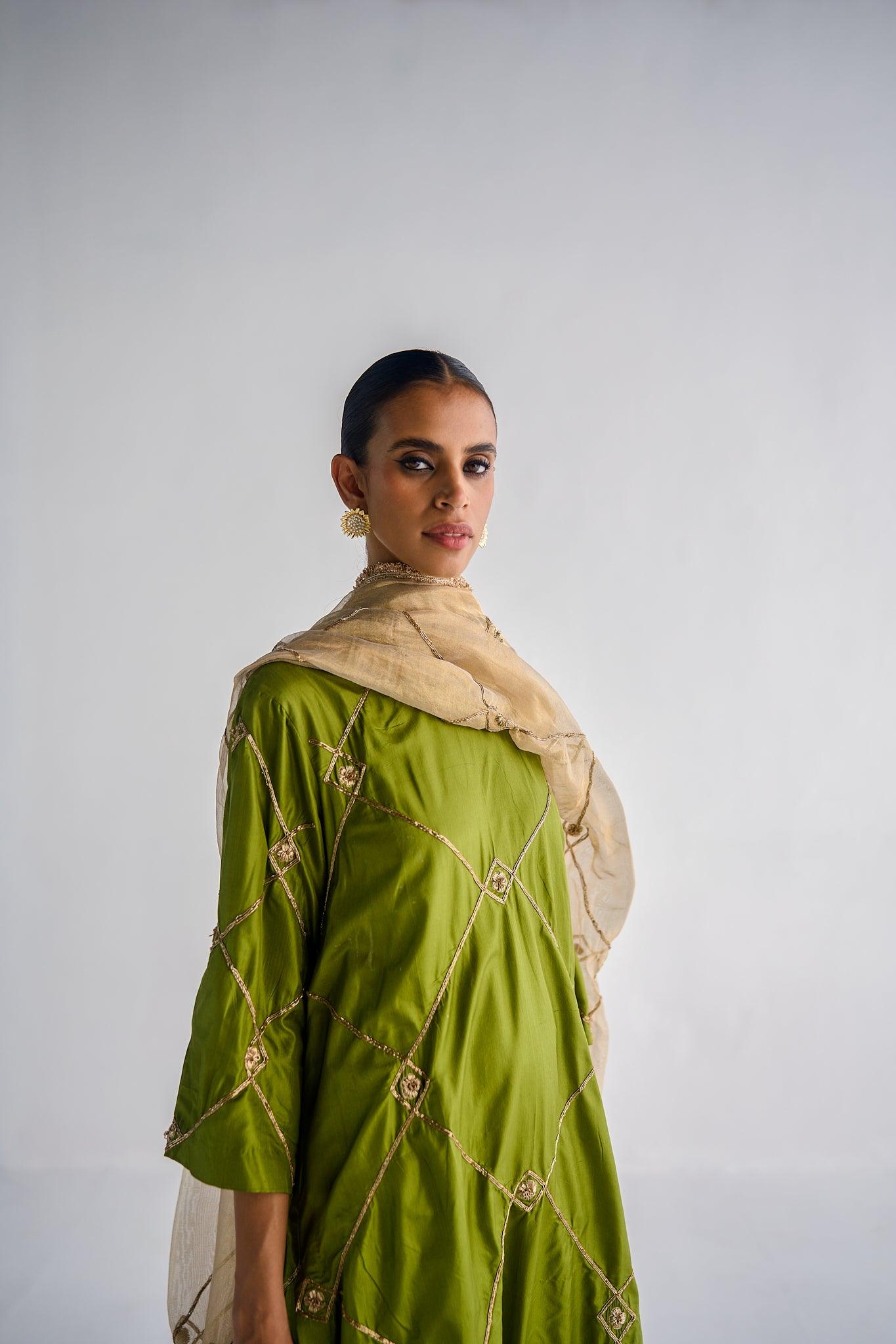 OLIVE GREEN SILK SUIT - Esha Arora