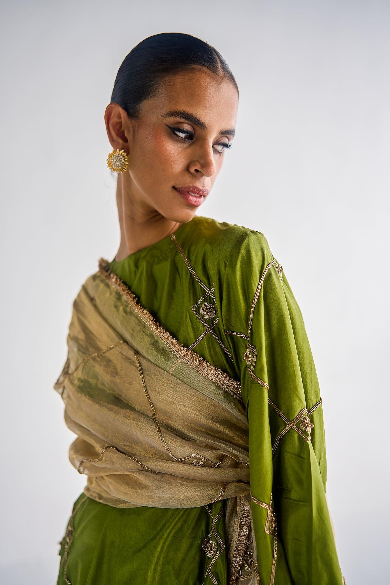 OLIVE GREEN SILK SUIT - Esha Arora