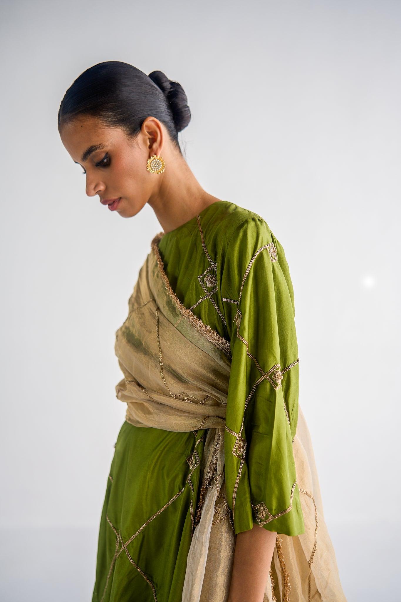 OLIVE GREEN SILK SUIT - Esha Arora