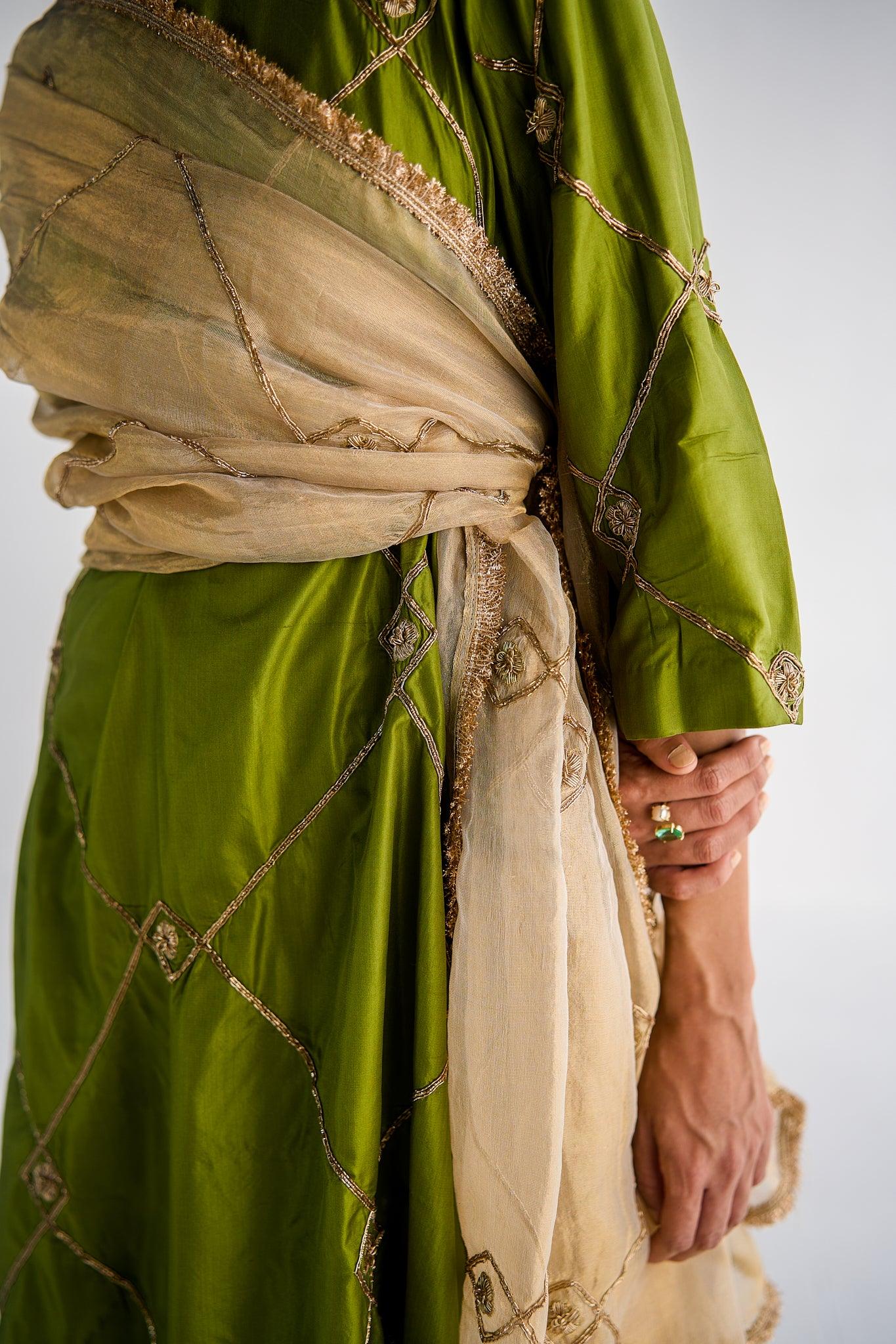 OLIVE GREEN SILK SUIT - Esha Arora