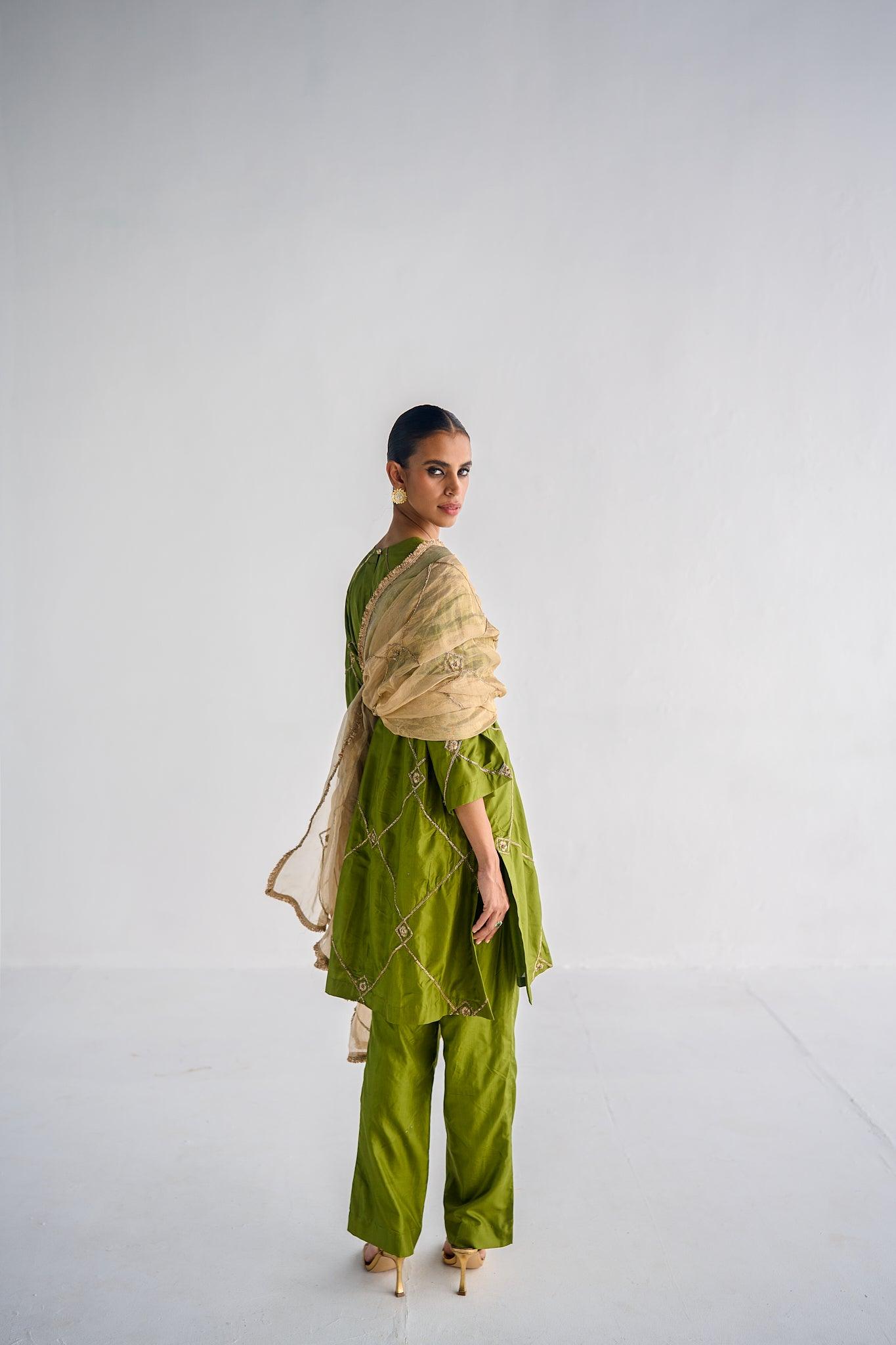 OLIVE GREEN SILK SUIT - Esha Arora