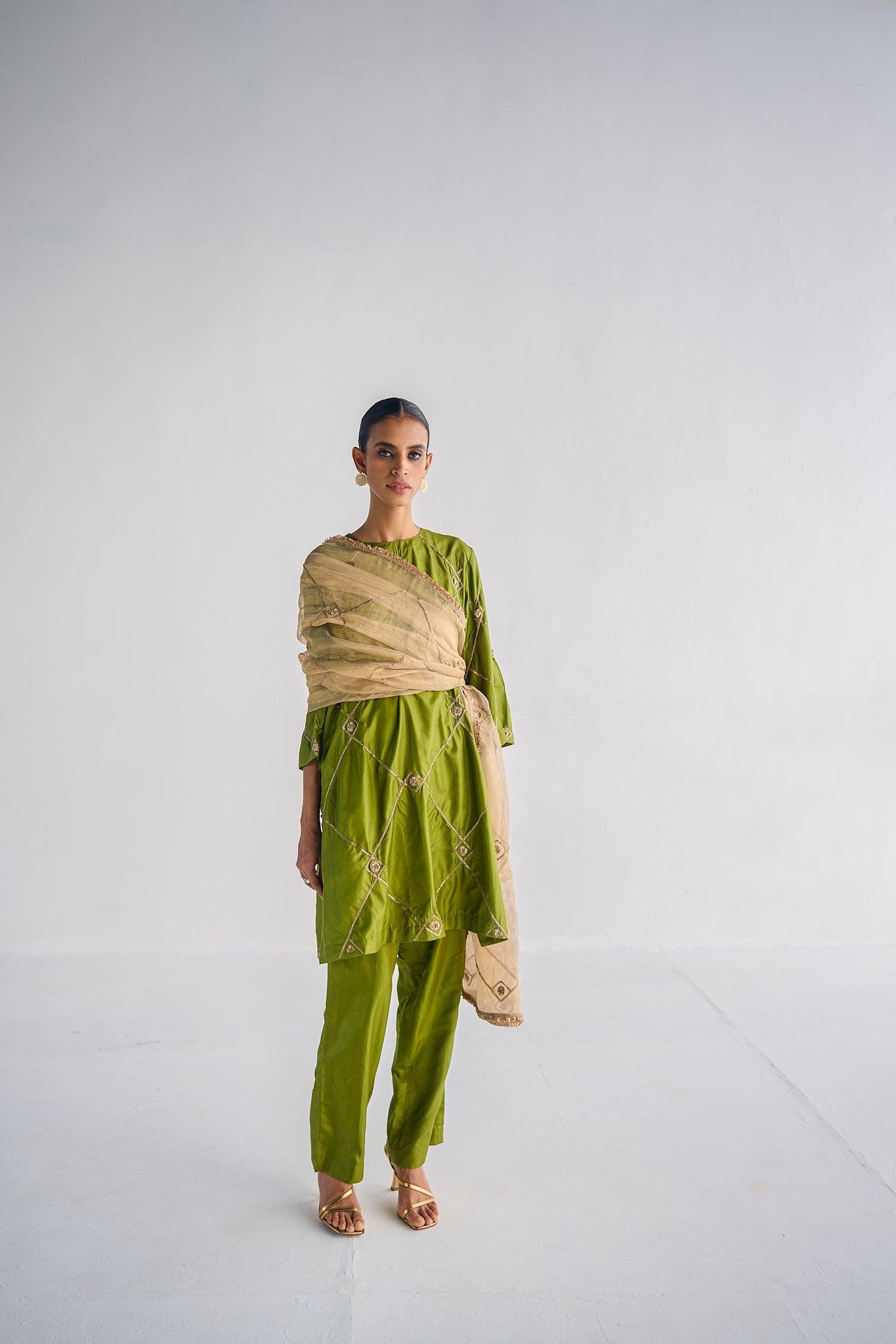 OLIVE GREEN SILK SUIT - Esha Arora