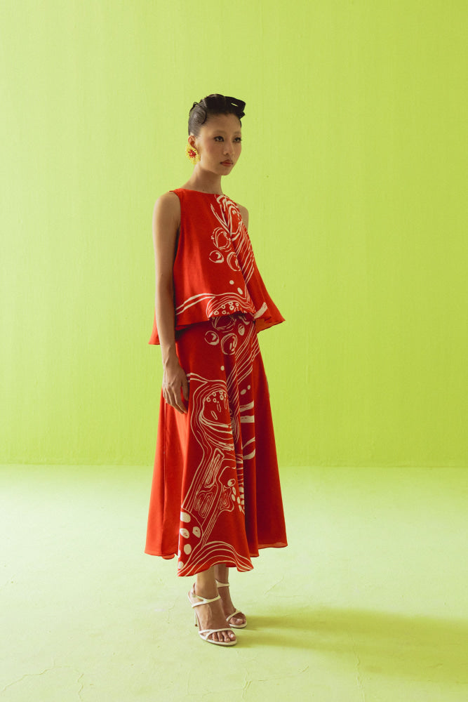RED ASYMMETRIC TOP AND SKIRT SET - coord set