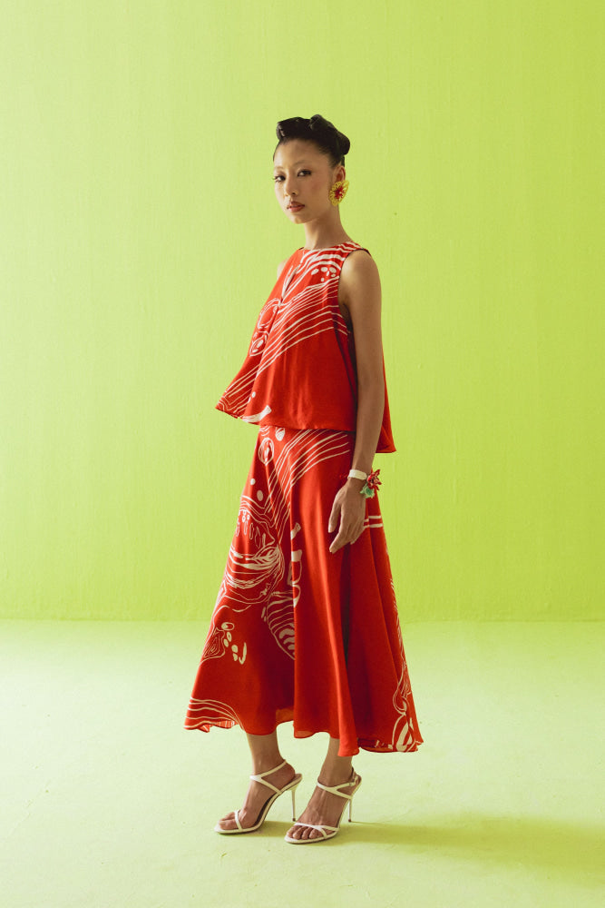 RED ASYMMETRIC TOP AND SKIRT SET - coord set