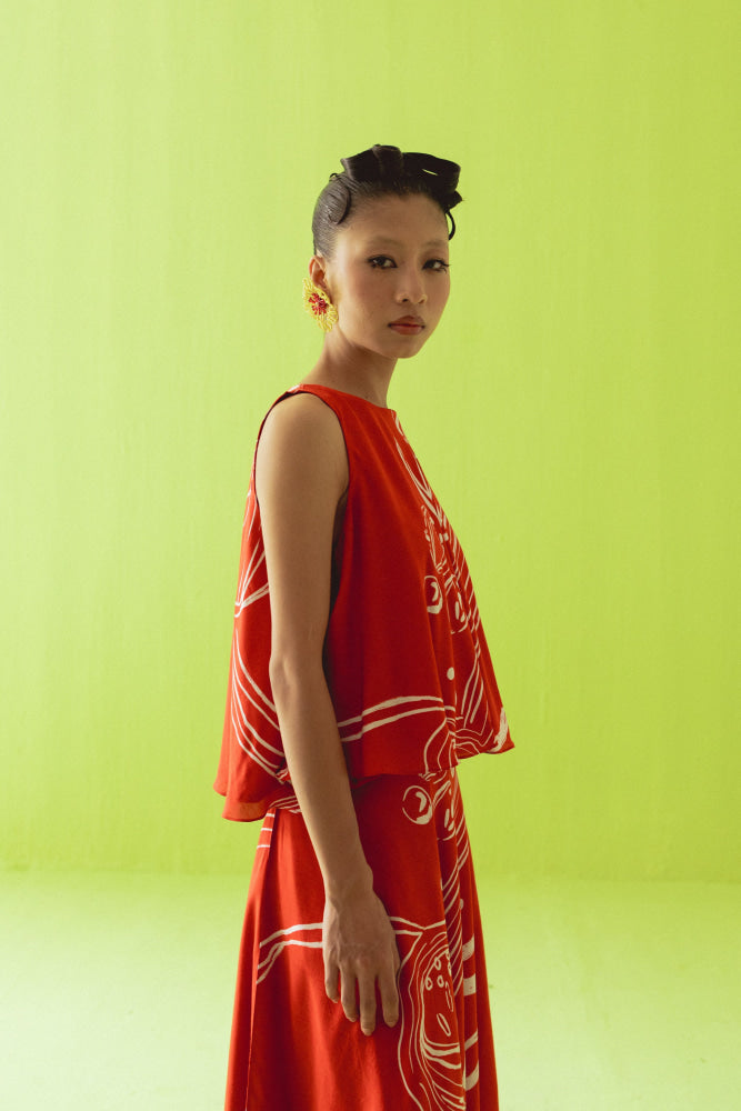 RED ASYMMETRIC TOP AND SKIRT SET - XS - coord set