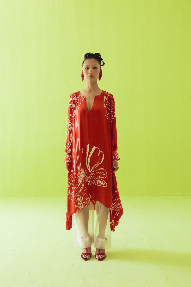 RED HIGH LOW KURTA WITH PANTS - kurta set