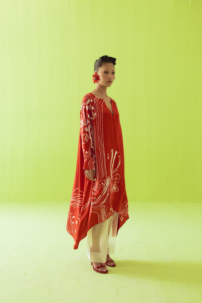 RED HIGH LOW KURTA WITH PANTS - kurta set