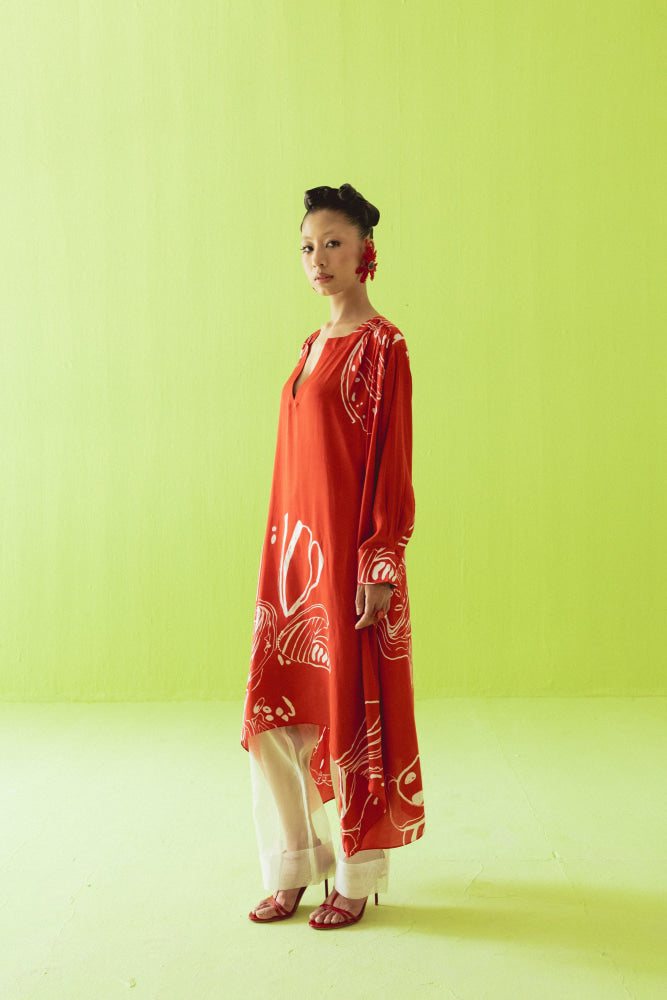 RED HIGH LOW KURTA WITH PANTS - kurta set