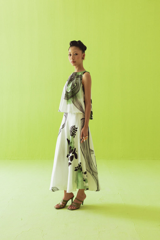 WHITE GREEN ASYMMETRIC TOP AND SKIRT SET - coord set