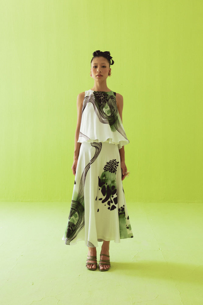 WHITE GREEN ASYMMETRIC TOP AND SKIRT SET - coord set