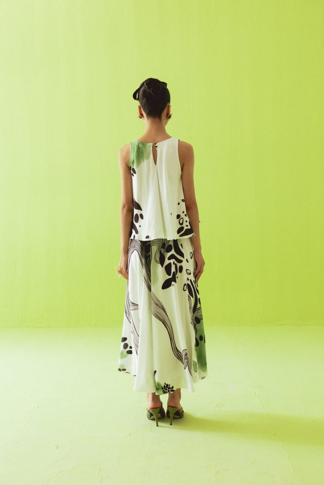 WHITE GREEN ASYMMETRIC TOP AND SKIRT SET - coord set