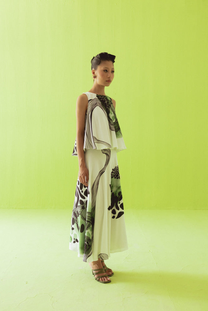 WHITE GREEN ASYMMETRIC TOP AND SKIRT SET - coord set